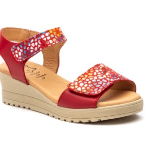Sandalias Mujer Piel Rojo Multi Tiras Adhesiva