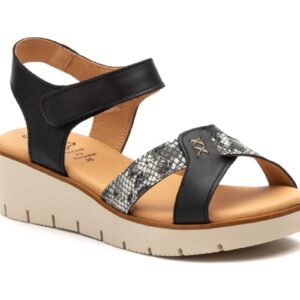 Sandalias Mujer Piel Negro Tiras Adhesiva Cuña Gel