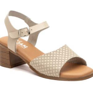 Sandalias Mujer Piel Beige Tacón Madera Cierre Hebilla Planta Gel