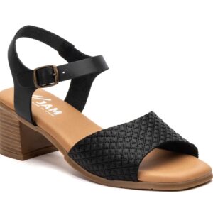 Sandalias Mujer Piel Negro Picado Tacón Madera Hebilla