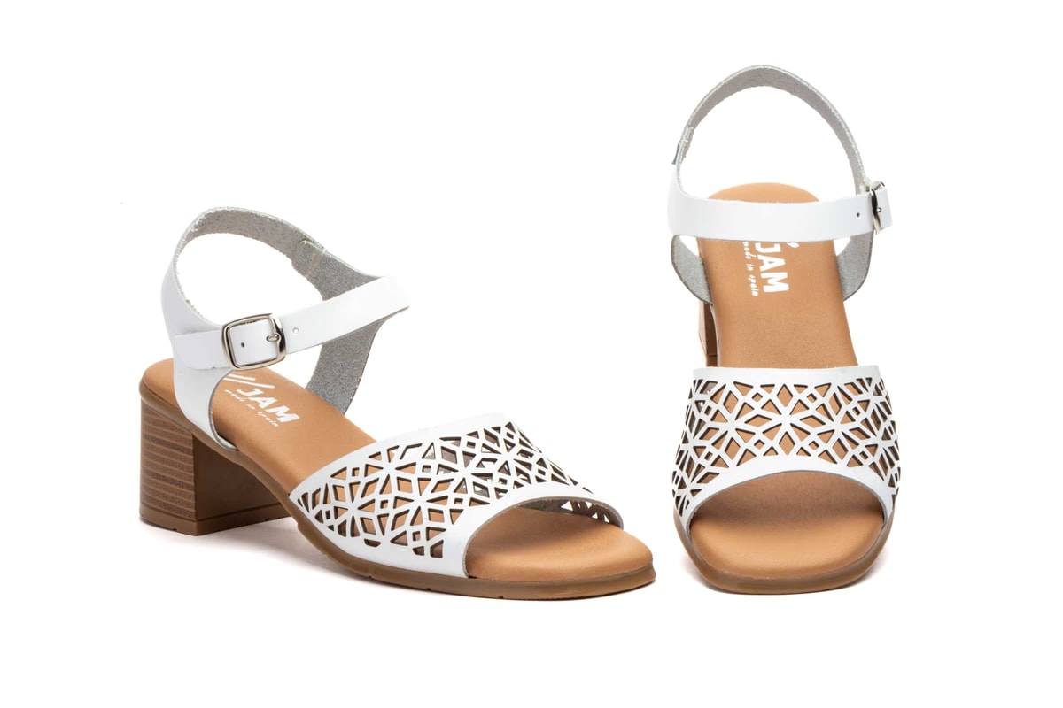 Sandalias Mujer Piel Blanco Grabado Láser Tacón Hebilla Plantilla Gel - Imagen 3