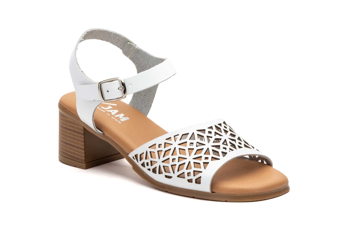 Sandalias Mujer Piel Blanco Grabado Láser Tacón Hebilla Plantilla Gel