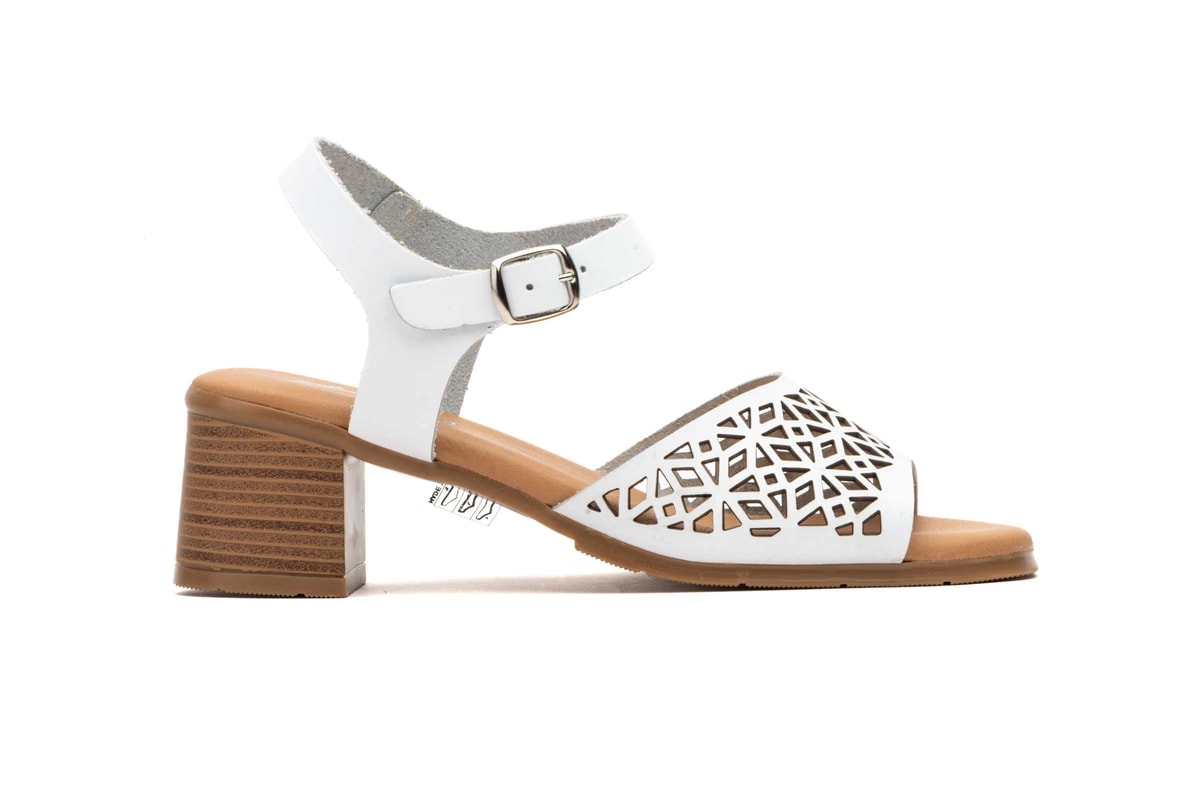 Sandalias Mujer Piel Blanco Grabado Láser Tacón Hebilla Plantilla Gel - Imagen 2
