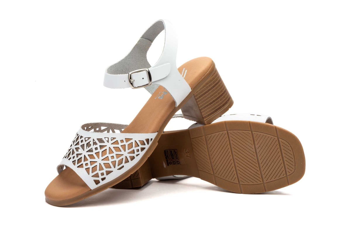 Sandalias Mujer Piel Blanco Grabado Láser Tacón Hebilla Plantilla Gel - Imagen 5