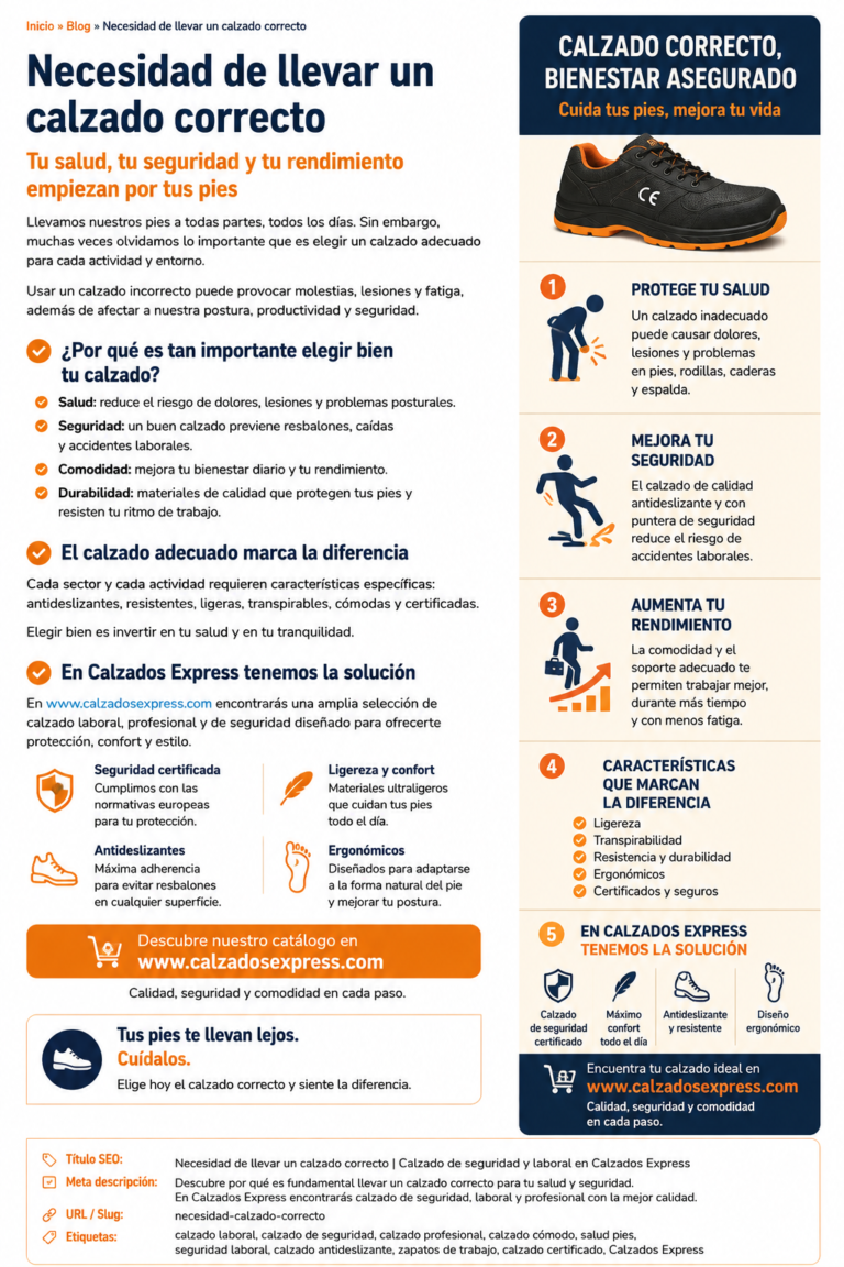 Infografía sobre la necesidad de llevar un calzado correcto para proteger los pies y mejorar la seguridad y comodidad