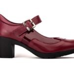 Zapatos Merceditas Mujer Piel y Charol Burdeos Tacón Hebilla Elástico