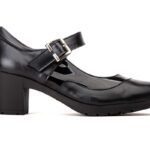 Zapatos Merceditas Mujer Piel y Charol Negro Tacón Hebilla Elástico