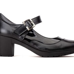 Zapatos Merceditas Mujer Piel y Charol Negro Tacón Hebilla Elástico