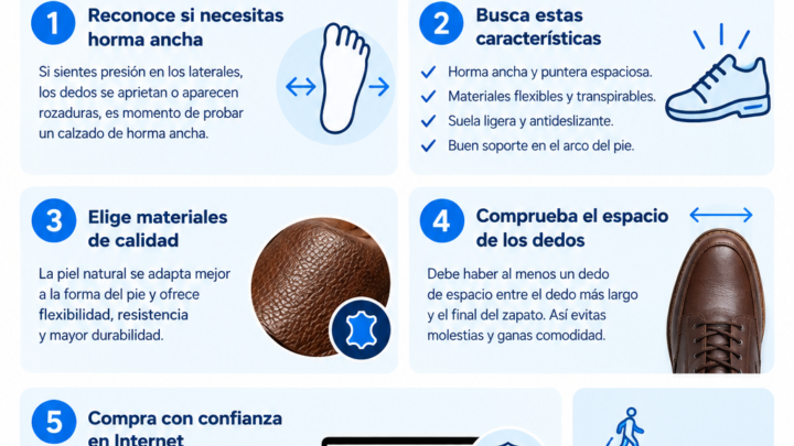 Infografía con consejos para elegir zapatos para pies anchos, comprobar la horma, elegir materiales cómodos y encontrar calzado en Calzados Express.