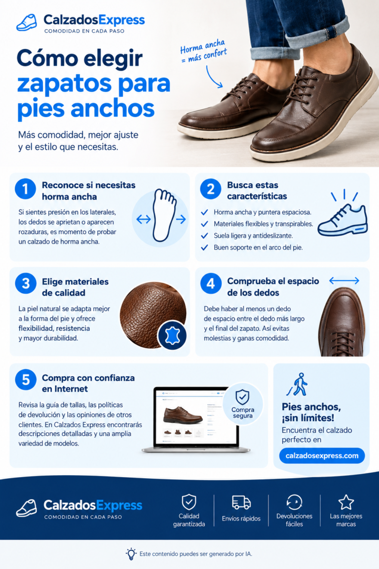 Infografía con consejos para elegir zapatos para pies anchos, comprobar la horma, elegir materiales cómodos y encontrar calzado en Calzados Express.