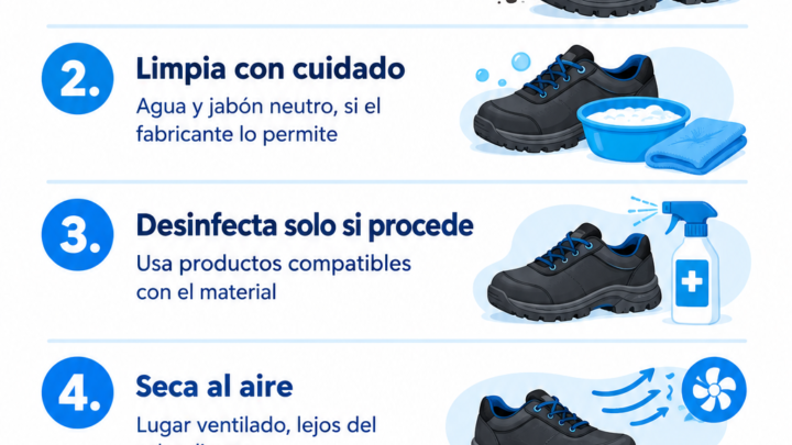 Infografía con cinco consejos para limpiar y desinfectar el calzado laboral sin estropearlo, secarlo correctamente y mantener las suelas en buen estado.