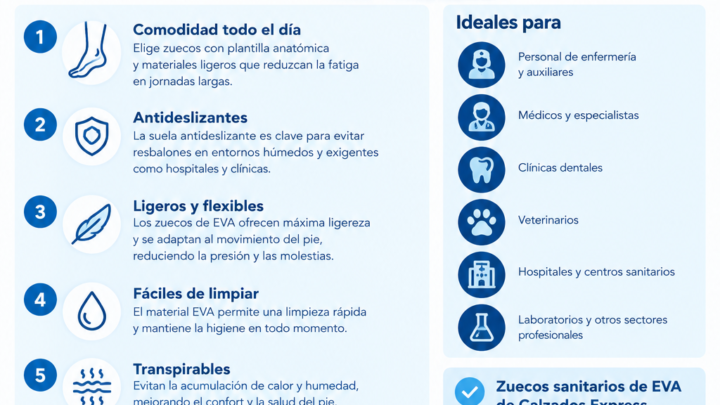 Infografía sobre cómo elegir zuecos sanitarios cómodos, ligeros, anatómicos y antideslizantes para trabajar muchas horas de pie.