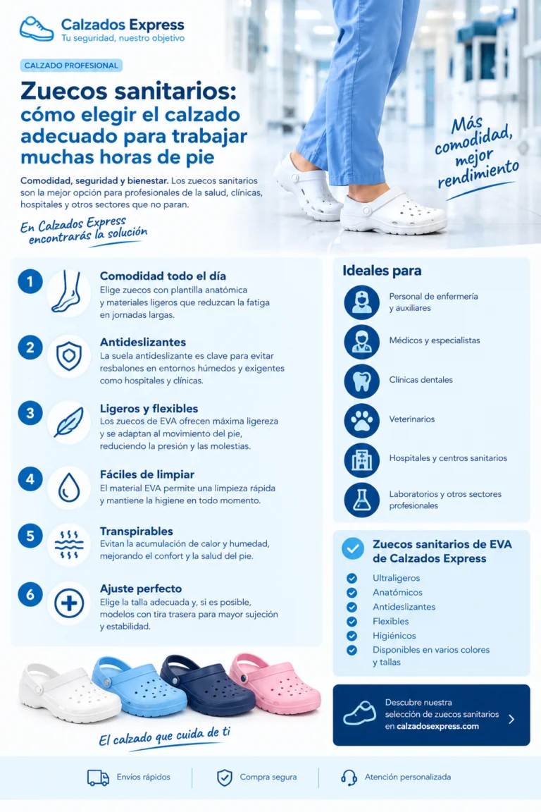 Cómo elegir zuecos sanitarios cómodos, ligeros y antideslizantes para trabajar muchas horas de pie. Copiar